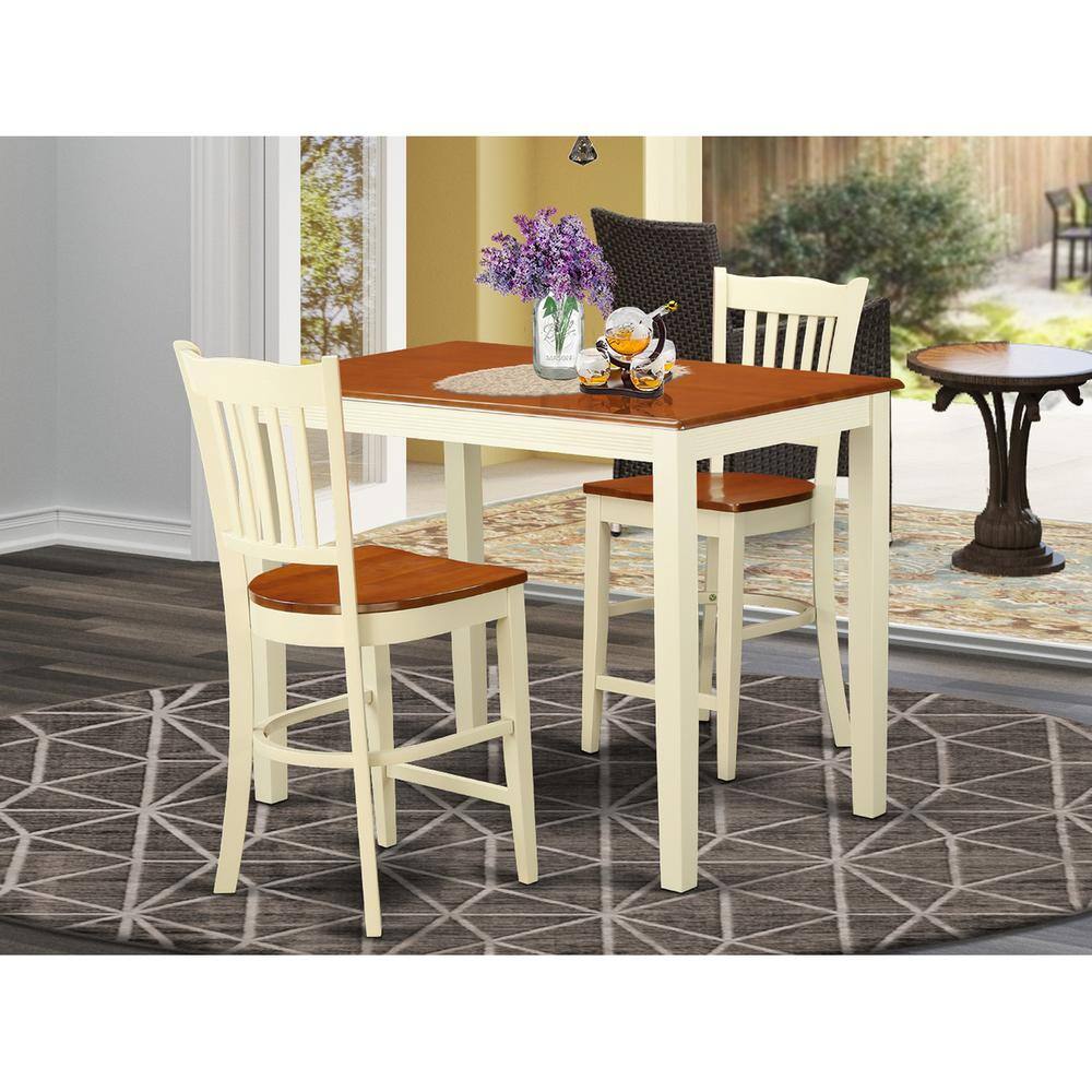 Back. East West Furniture - 3 Pc counter height pub set - high Table and 2 counter height Chairs. - Buttermilk & Cherry.