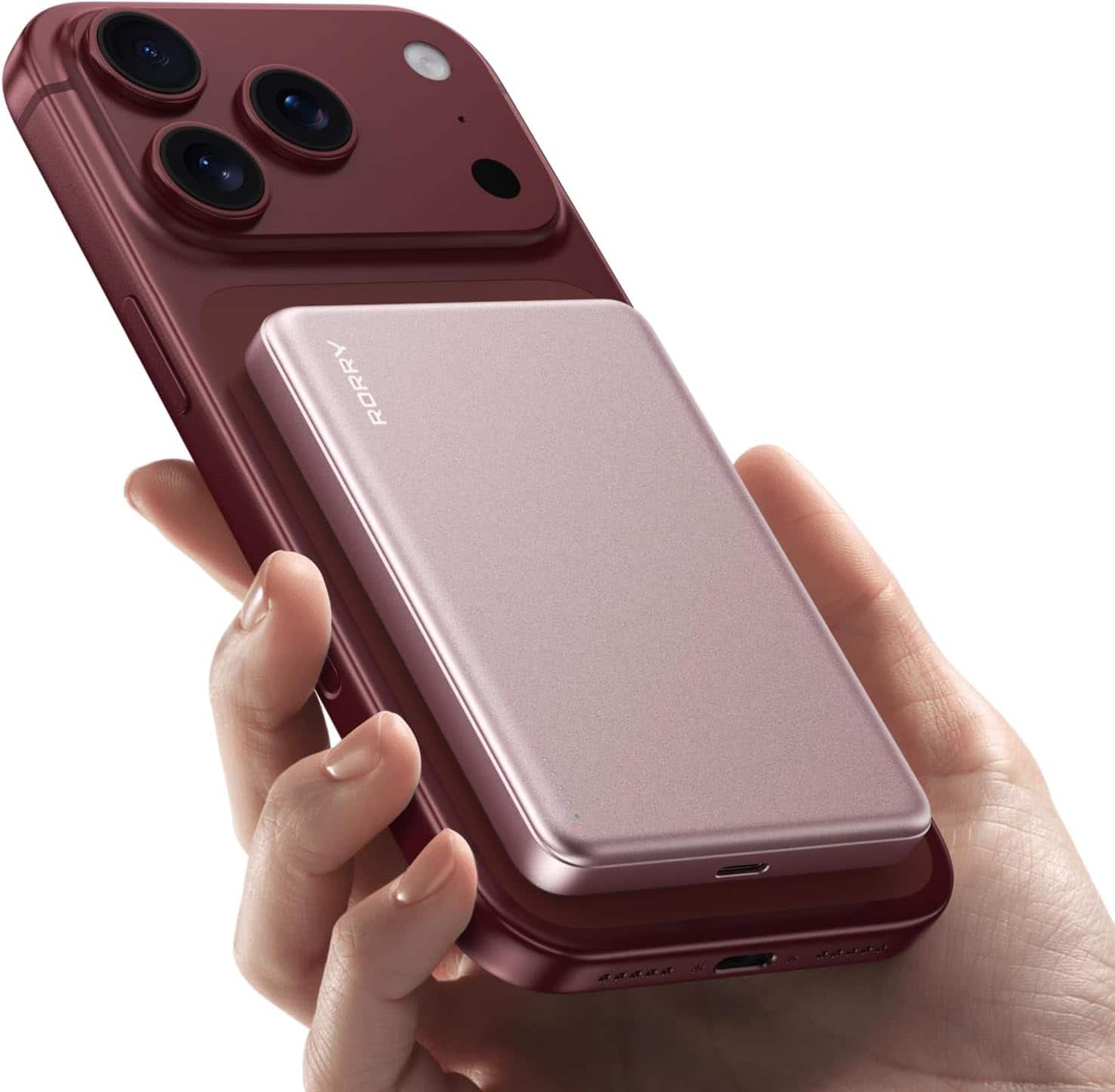 RORRY - 10000mAh Magnetic Power Bank, 22.5W Wireless Portable Charger, 0.5" Slim Alloy Battery Pack for iPhone 17/16/15 - Pink
