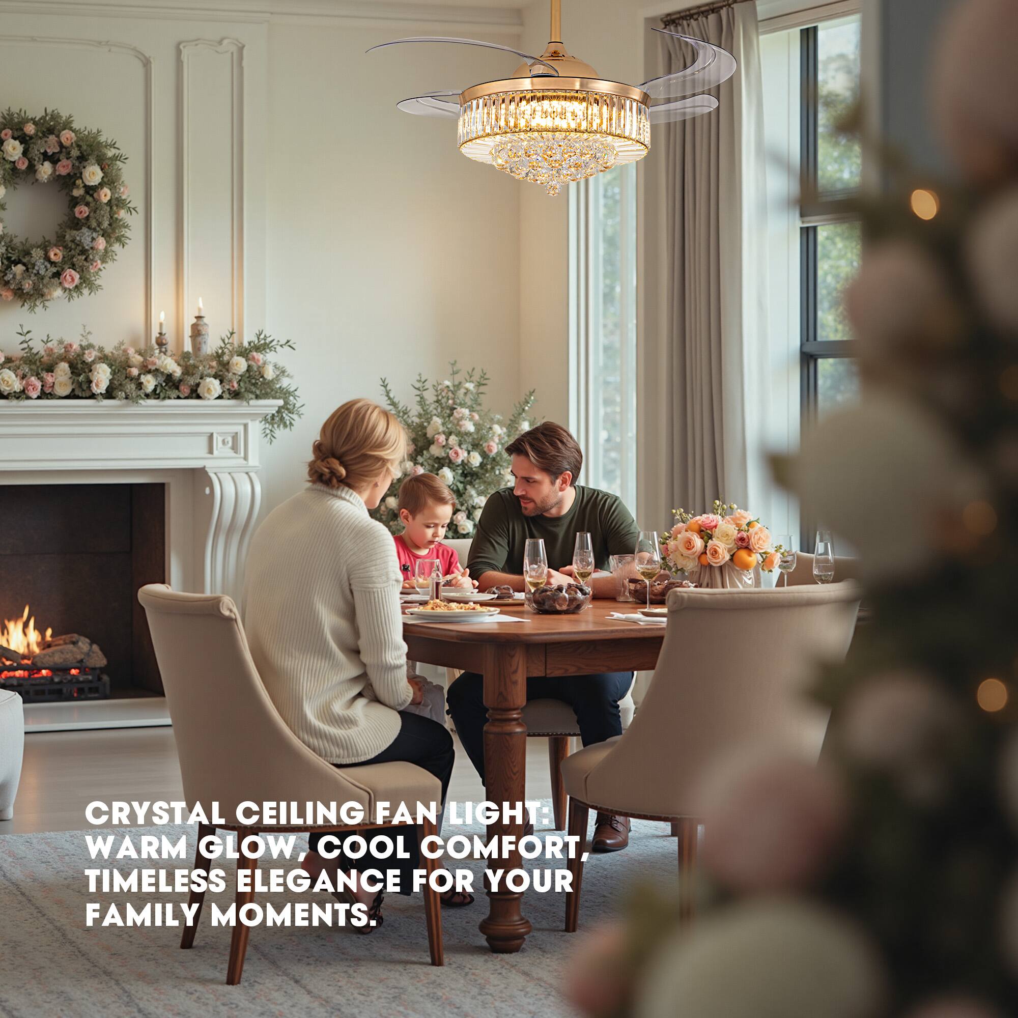 CRYSTAL CEILING FAN LIGHT: WARM GLOW, COOL COMFORT, TIMELESS ELEGANCE FOR YOUR FAMILY MOMENTS.