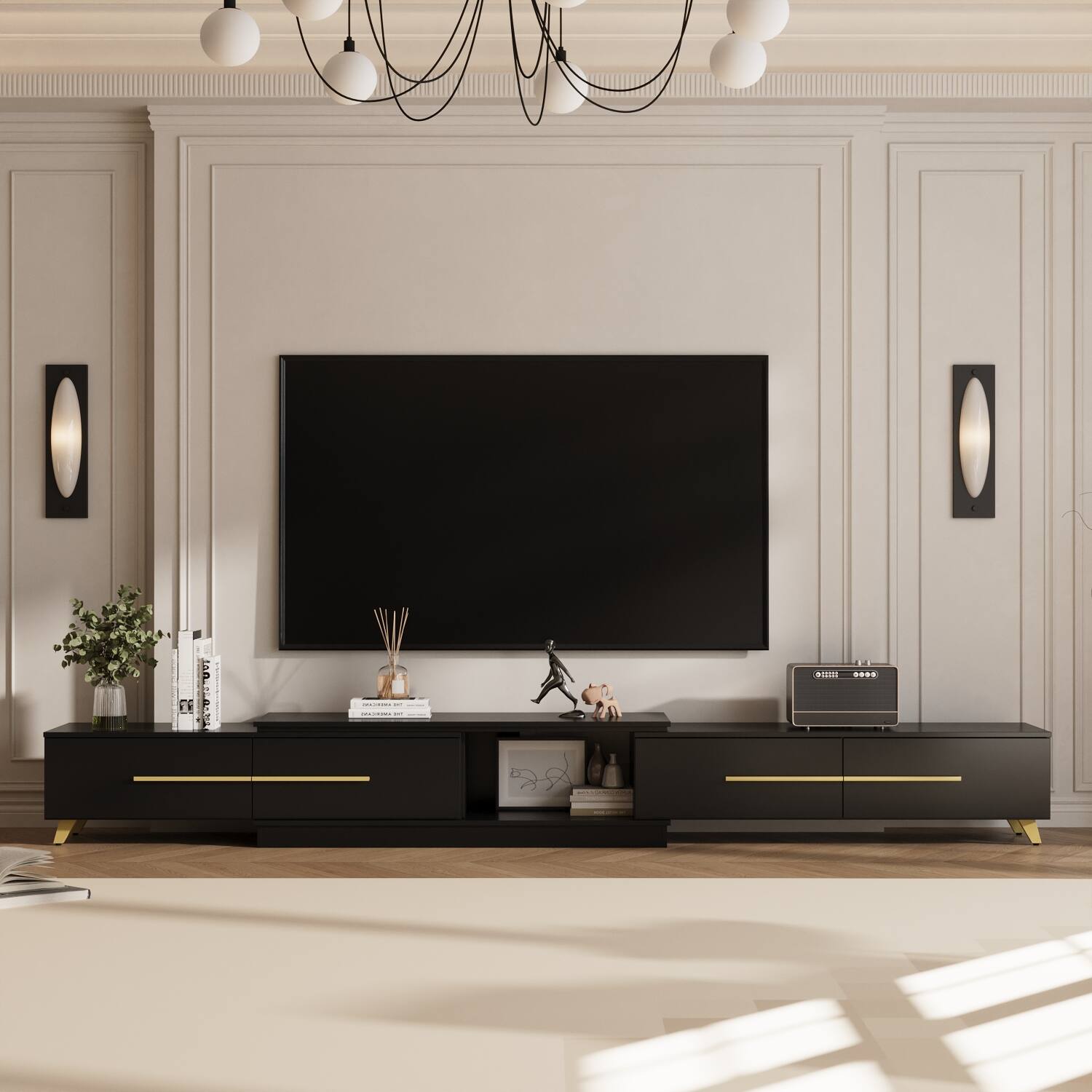 Angle. FUFU&GAGA - Extendable TV Stand for 85 Inch TV, 95-133.9" Media Console with Drawers, Modern Luxury Metal Legs - Black.