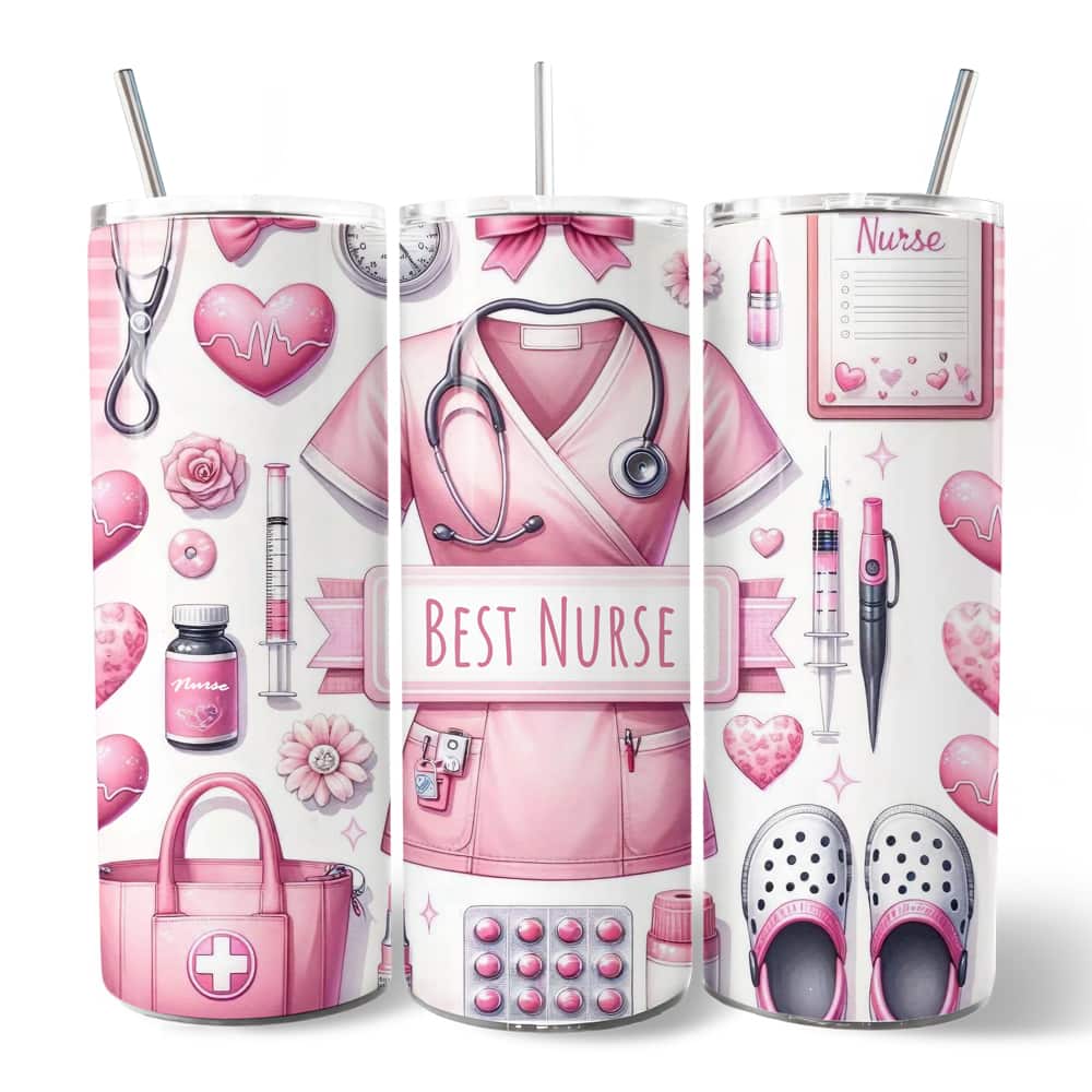 OrnamentallyYou - Pink Nurse Life 20oz Tumbler With Stainless Steel Straw, Medical Worker Appreciation Gift Cup - Multicolored