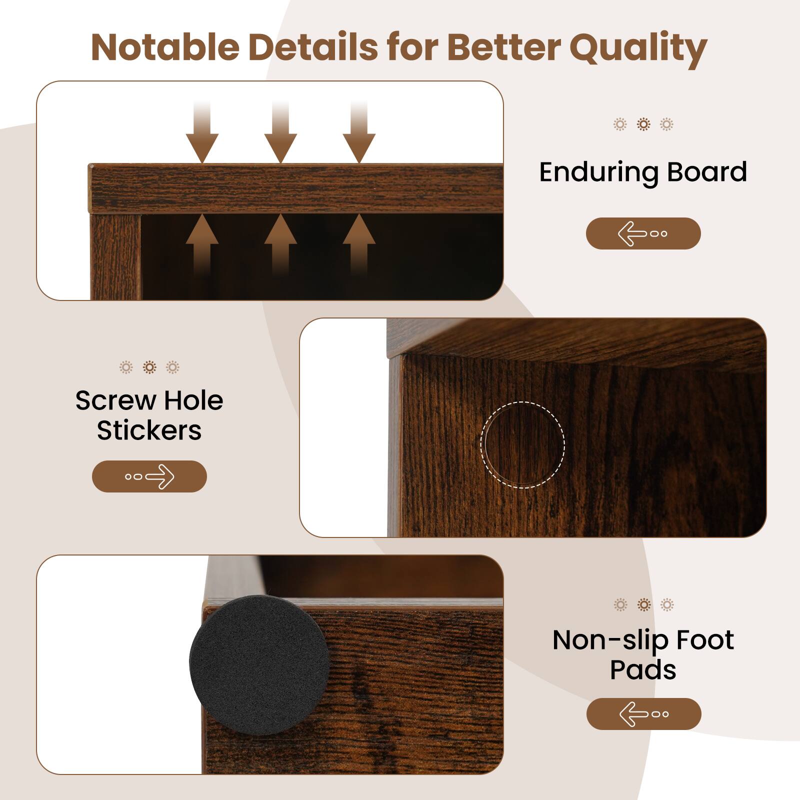 Notable Details for Better Quality

- Enduring Board
- Screw Hole Stickers
- Non-slip Foot Pads