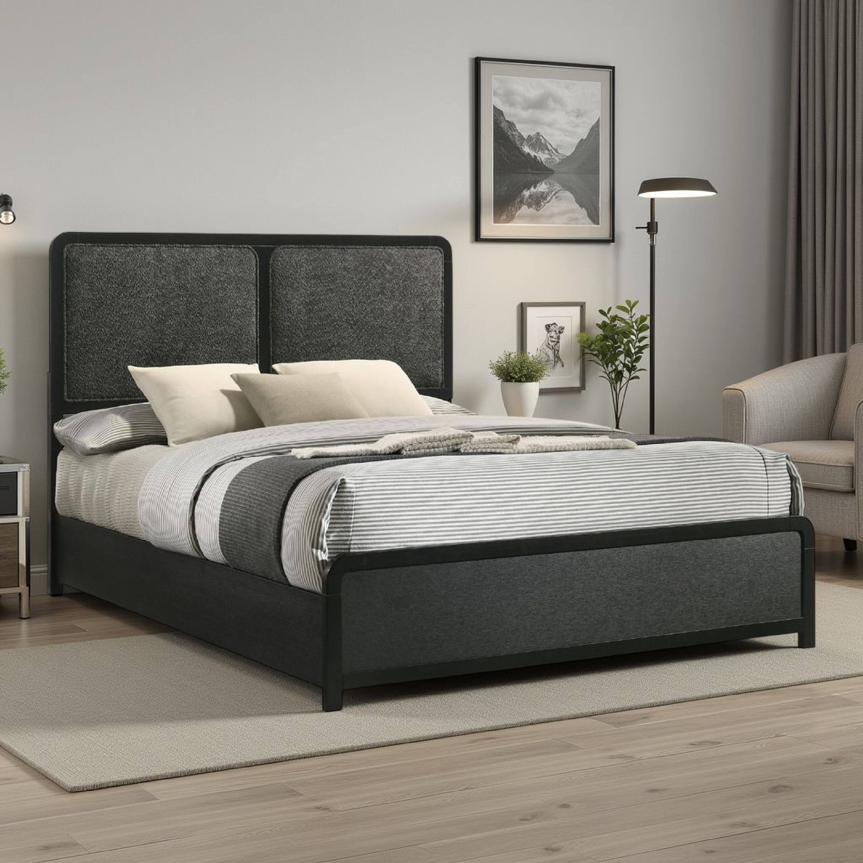 Alt View 5. Manhattan Lane - Cavy Queen Size Bed, Channel Tufted Upholstered Headboard - Black, Charcoal Gray.