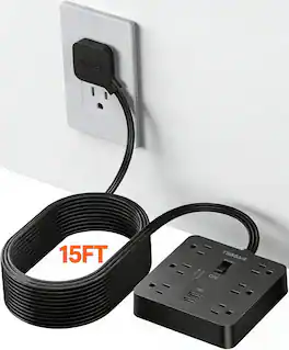 TESSAN - 1700J Protection,15 FT Flat Plug,Surge Protector Power Strip with 6 Outlets and 3USB Ports(1USB C) - Black