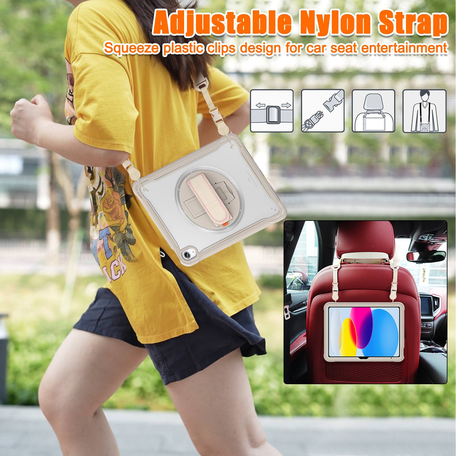 Adjustable Nylon Strap  
Squeeze plastic clips design for car seat entertainment