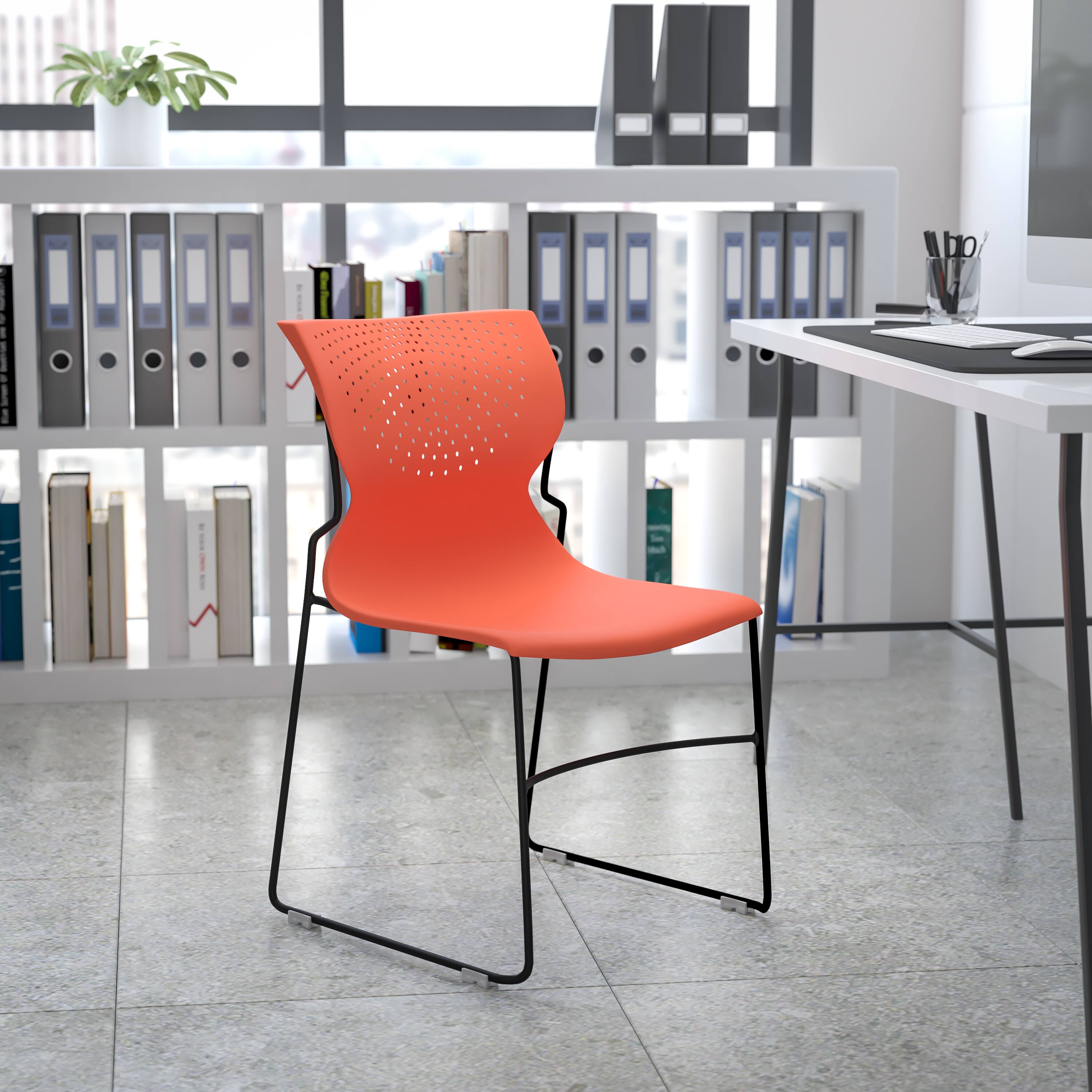 Alt View 1. Emma + Oliver - Home and Office Stack Chair with Lumbar Support and Metal Frame - Guest Chair - Orange.