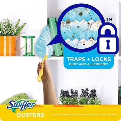 Swiffer Dusters  
TRAPS + LOCKS DUST AND ALLERGENS*  
*common inanimate allergens from cat and dog dander & dust mite matter