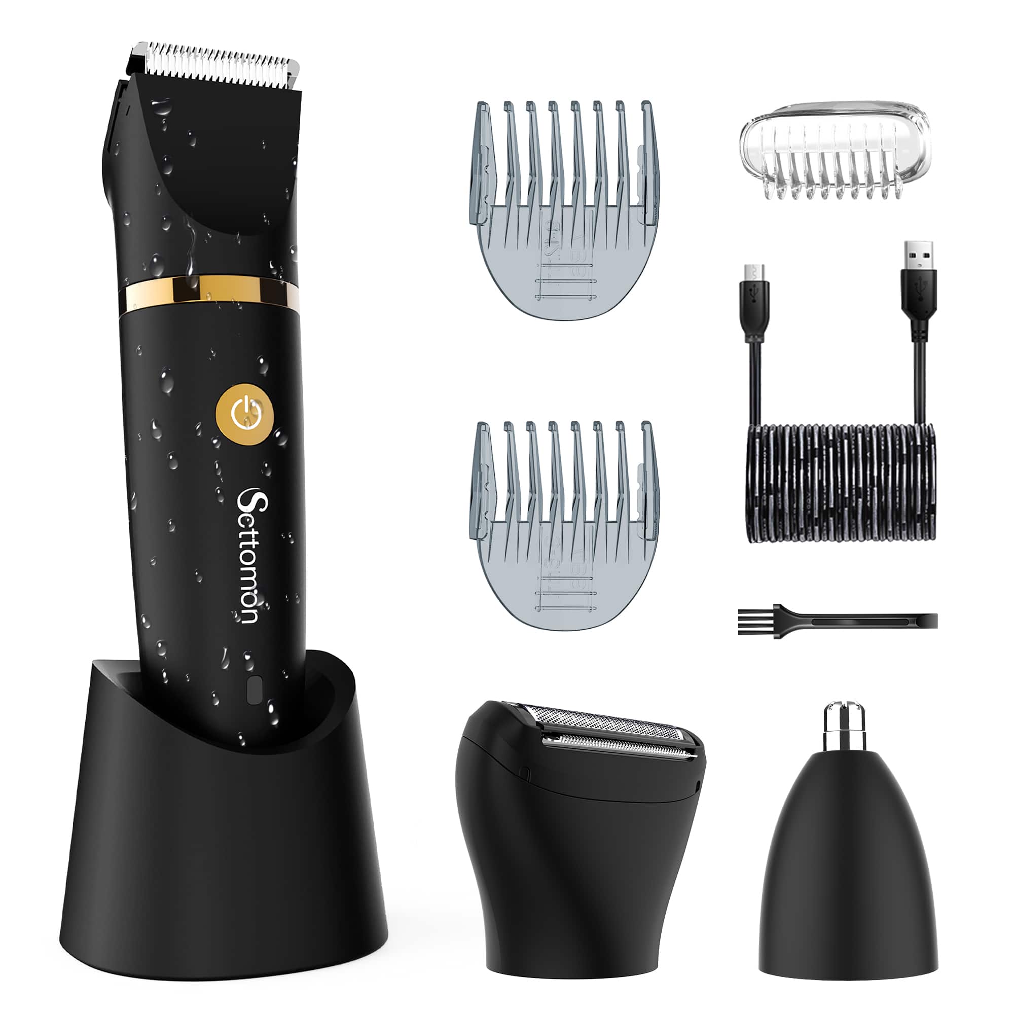 HATTEKER - 3-in-1 Electric Groin & Body Hair Trimmer for Men, Waterproof Cordless Groomer with Nose Trimmer - Black