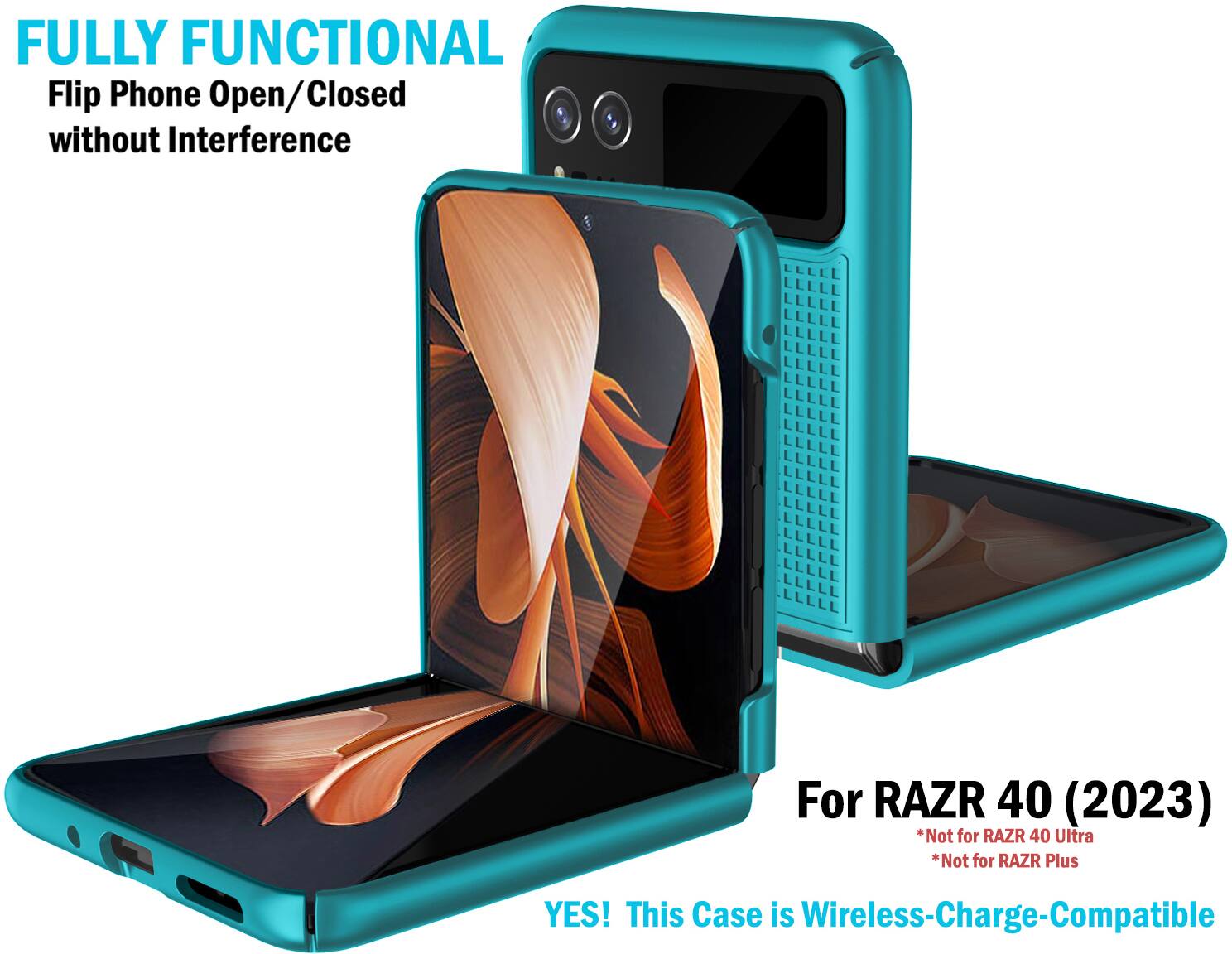 FULLY FUNCTIONAL Flip Phone Open/Closed without Interference

For RAZR 40 (2023)  
*Not for RAZR 40 Ultra  
*Not for RAZR Plus  

YES! This Case is Wireless-Charge-Compatible