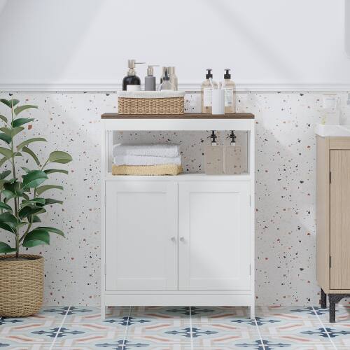 Left. LUCKY ONE - Freestanding Modern Storage Cabinet with Double Doors Adjustable Shelf Natural Wood Top for Bathroom - White.