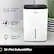 The image features a white AERIC 50-Pint Dehumidifier, which is an automatic shut-off device that has a bucket full indicator. The dehumidifier is designed to remove moisture from the air, making it an effective solution for humidity control in various settings.