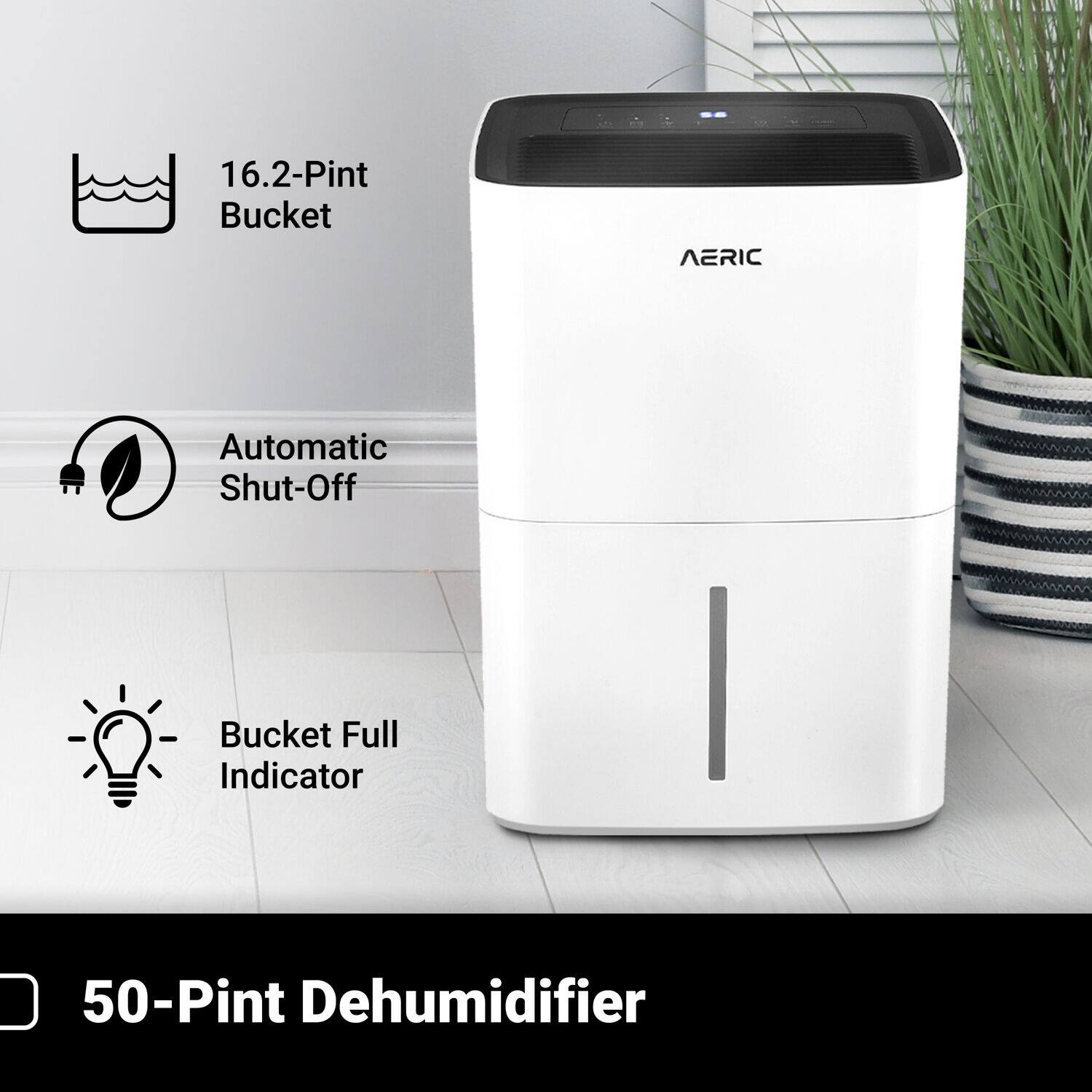 The image features a white AERIC 50-Pint Dehumidifier, which is an automatic shut-off device that has a bucket full indicator. The dehumidifier is designed to remove moisture from the air, making it an effective solution for humidity control in various settings.