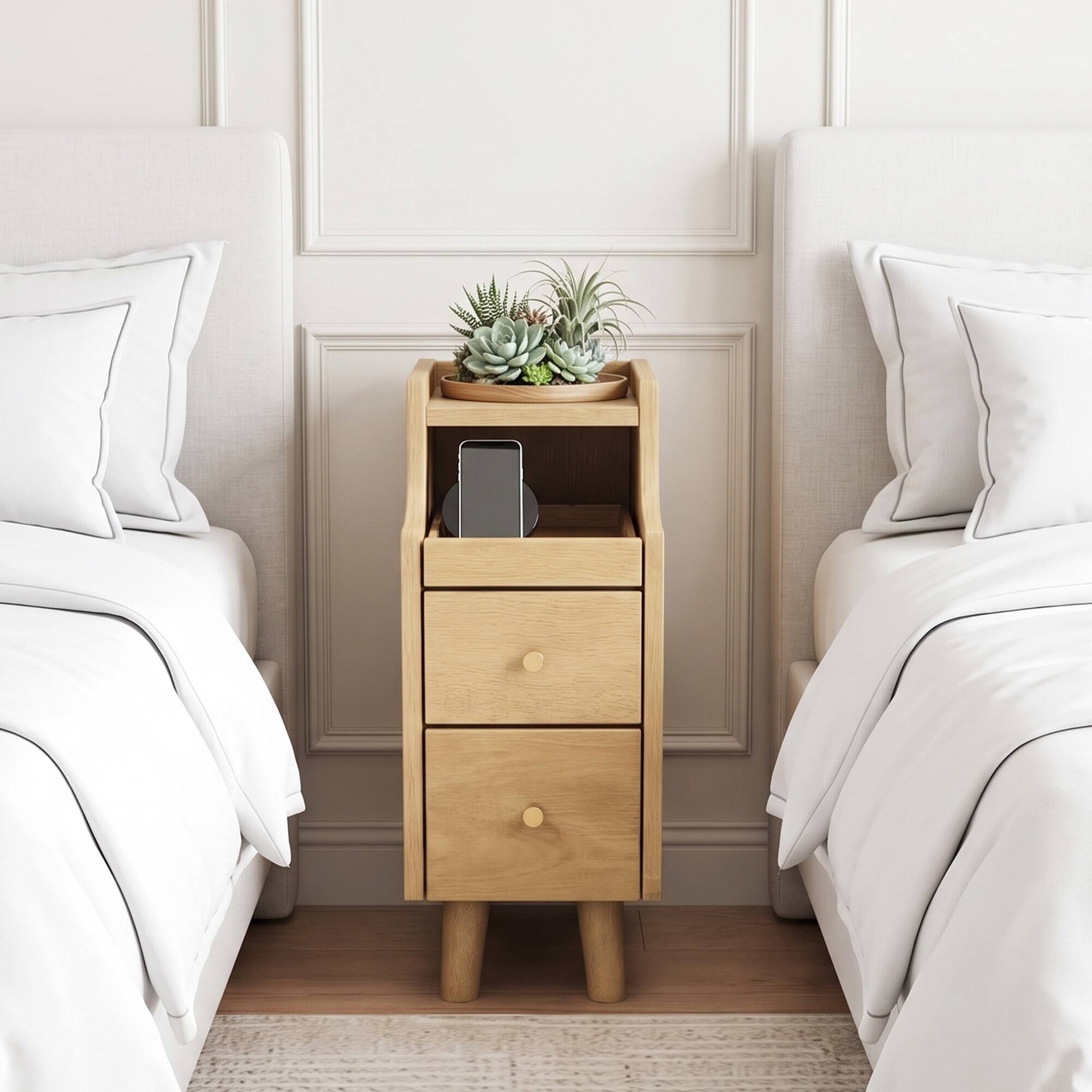 Alt View 4. WELLFOR - Narrow Solid Wood Nightstand with Pull-out Tray and 2 Storage Drawers - Natural.