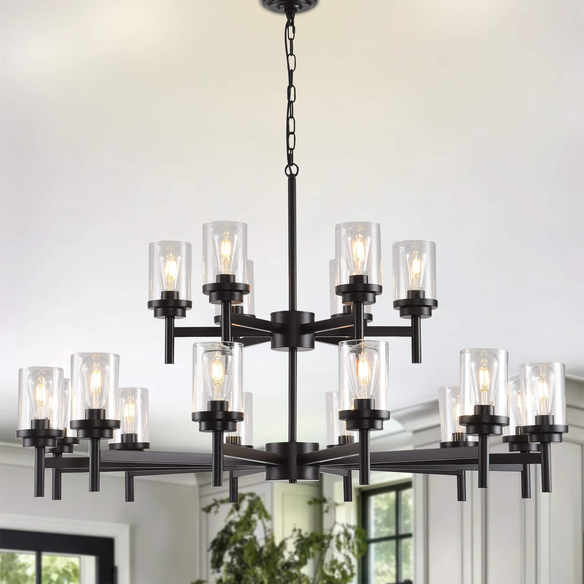 RYHNUYNE - 18-Light Dining Room Light Fixture Over Table, Farmhouse Glass Chandelier,Industrial Lighting for Living Room Foyer - Black