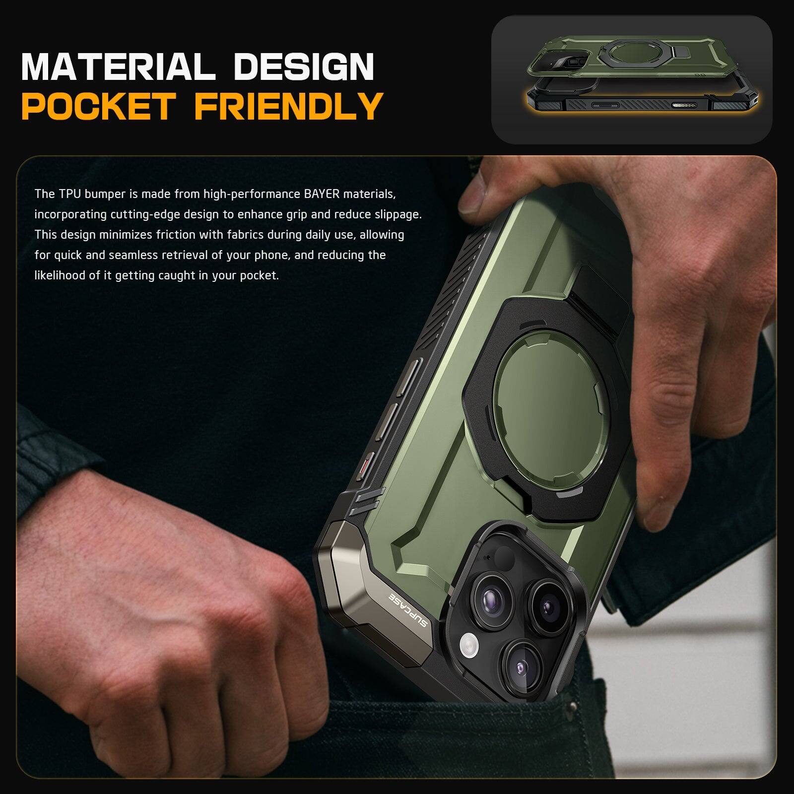 **Material Design: Pocket Friendly**

The TPU bumper is made from high-performance BAYER materials, incorporating cutting-edge design to enhance grip and reduce slippage. This design minimizes friction with fabrics during daily use, allowing for quick and seamless retrieval of your phone, and reducing the likelihood of it getting caught in your pocket.
