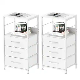 Oumilen - Set of 2 Nightstands with 3 Fabric Drawers & Open Shelf - White