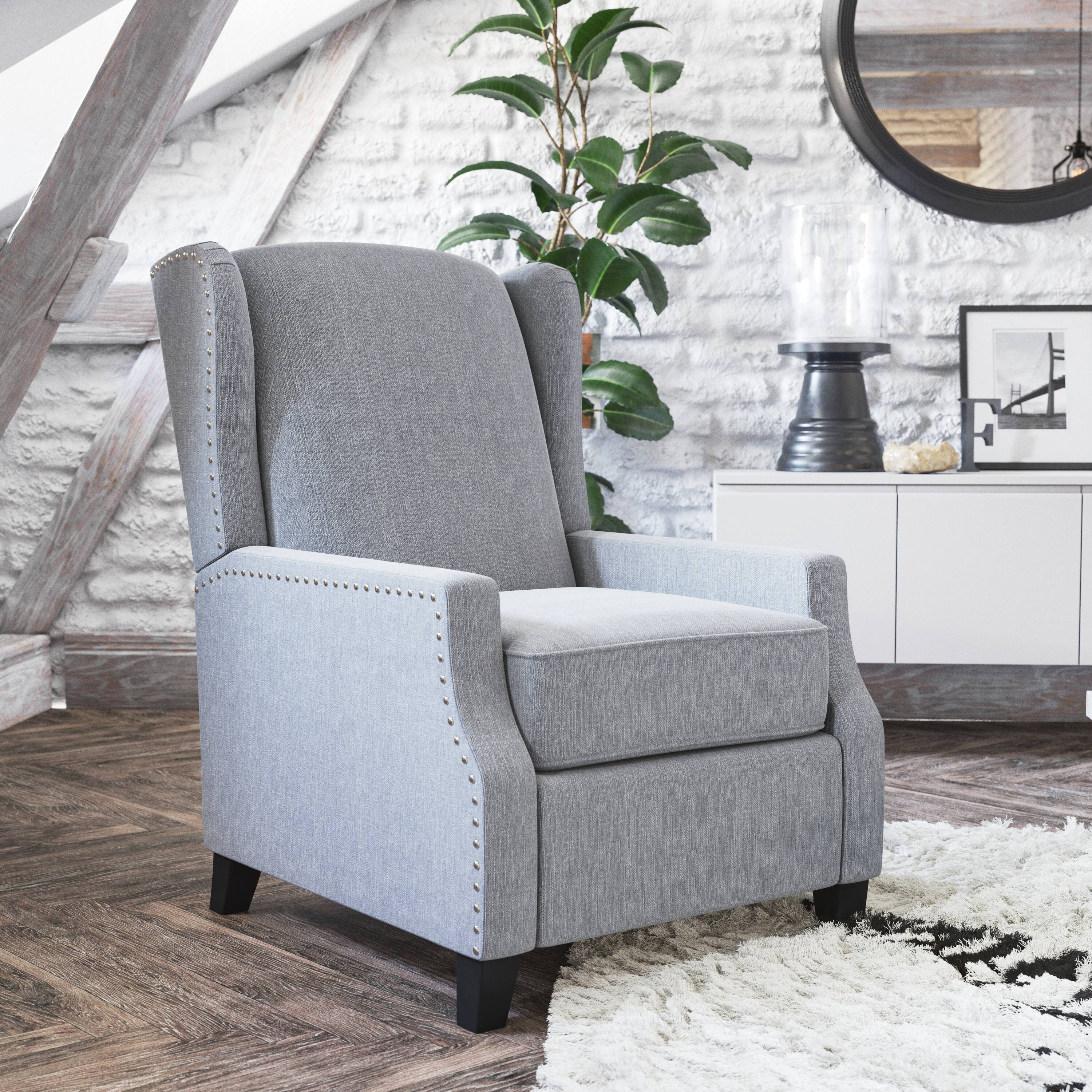 Alt View 1. Emma + Oliver - Leeds Fabric Upholstered Easy Push Back Recliner - Classic Wingback Design with Nailhead Accent Trim and Footrest - Gray.
