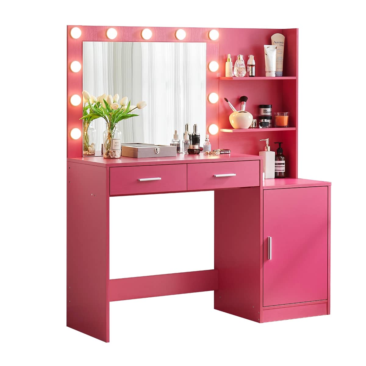 Loheer - Makeup Vanity with Mirror and Lights, 46 Inch Desk - Rose Pink