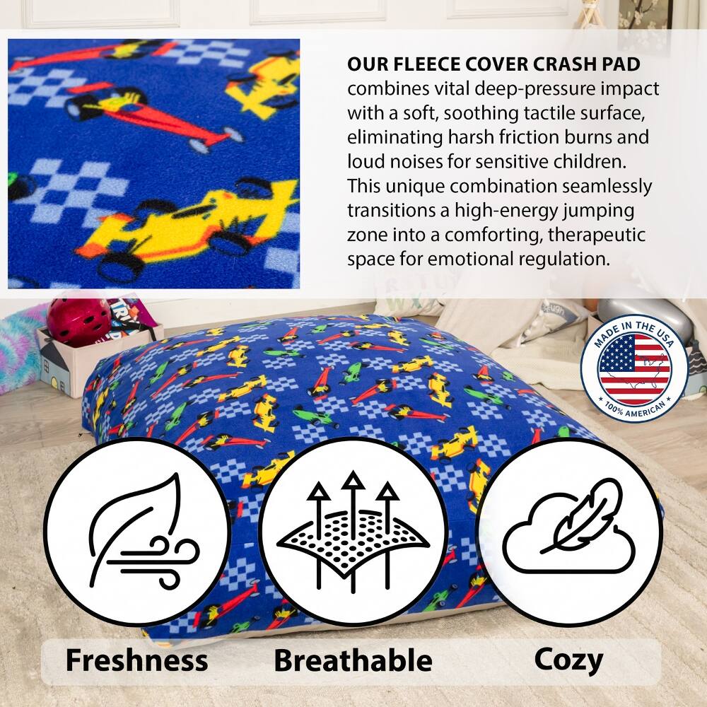 OUR FLEECE COVER CRASH PAD combines vital deep-pressure impact with a soft, soothing tactile surface, eliminating harsh friction burns and loud noises for sensitive children. This unique combination seamlessly transitions a high-energy jumping zone into a comforting, therapeutic space for emotional regulation.

IN THE MADE USA
100% AMERICAN

Freshness Breathable Cozy