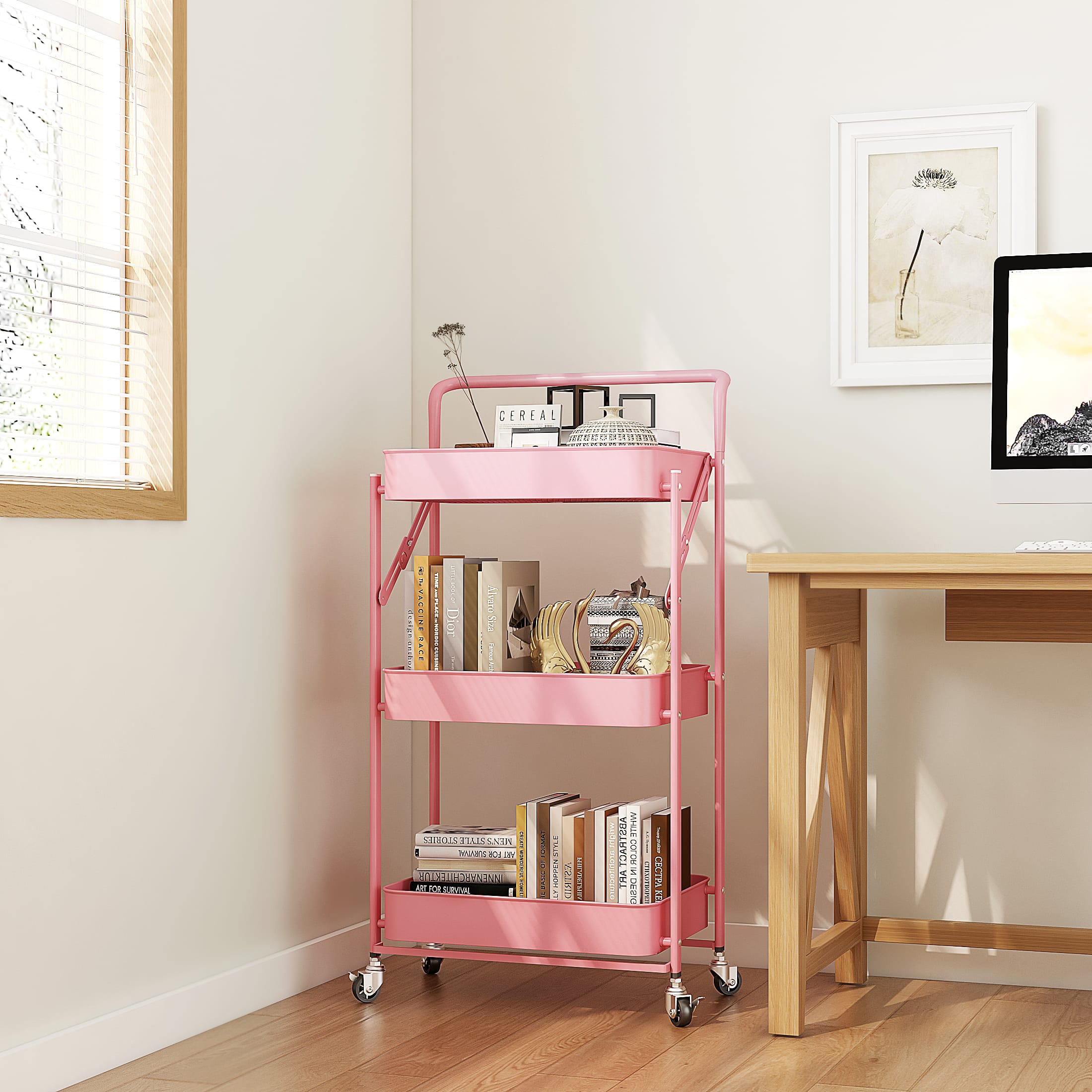 Malletson - 3-Tier Foldable Rolling Cart, Storage Rack with Handle Multi-Purpose and Locking Wheels for Kitchen, Bathroom - Pink