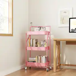 Malletson - 3-Tier Foldable Rolling Cart, Storage Rack with Handle Multi-Purpose and Locking Wheels for Office, Kitchen, Bathroom - Pink