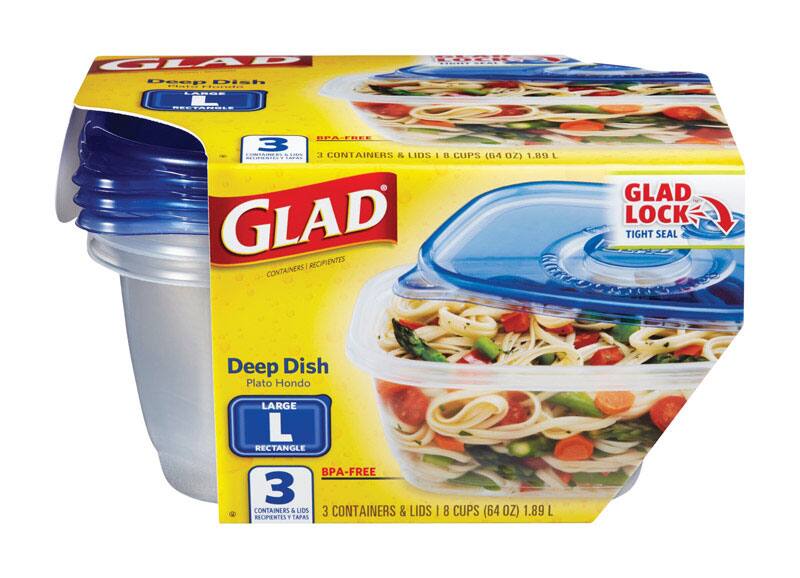 GLAD Deep Dish Large Rectangular BPA-Free 3 Containers & Lids  
8 Cups (64 OZ) 1.89 L  
GLAD Recipientes Contenedores  
GLAD Lock Tight Seal  
Deep Dish Plato Hondo  
3 Recipientes y Tapas