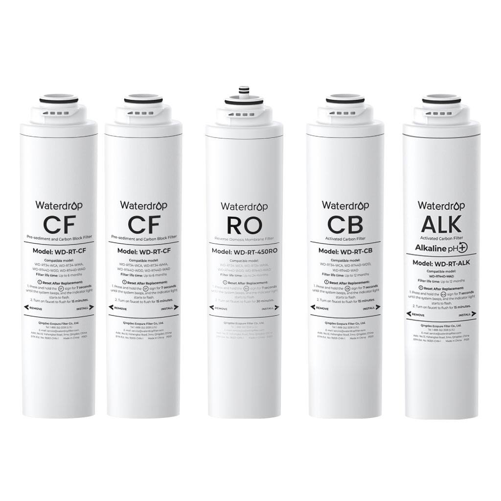 Waterdrop CF  
Pre-sediment and Carbon Block Filter  
Model: WD-RT-CF  
Compatible model: WD-RT-CF, WD-RT-CF-2000, WD-RT-CF-3000  
Filter life time up to 6 months  
1. Press After Begin for 3 seconds  
2. Turn on the faucet for 15 minutes  
INSTALL  
REMOVE  

Waterdrop CF  
Pre-sediment and Carbon Block Filter  
Model: WD-RT-CF  
Compatible model: WD-RT-CF, WD-RT-CF-2000, WD-RT-CF-3000  
Filter life time up to 6 months  
1. Press After Begin for 3 seconds  
2. Turn on the faucet for 15 minutes  
INSTALL  
REMOVE  

Waterdrop RO  
Reverse Osmosis Membrane Filter  
Model: WD-RT-450RO  
Compatible model: WD-RT-450RO  
Filter life time up to 12 months  
1. Press After Begin for 7 seconds  
2. Turn on the faucet for 15 minutes  
INSTALL  
REMOVE  

Waterdrop CB  
Activated Carbon Filter  
Model: WD