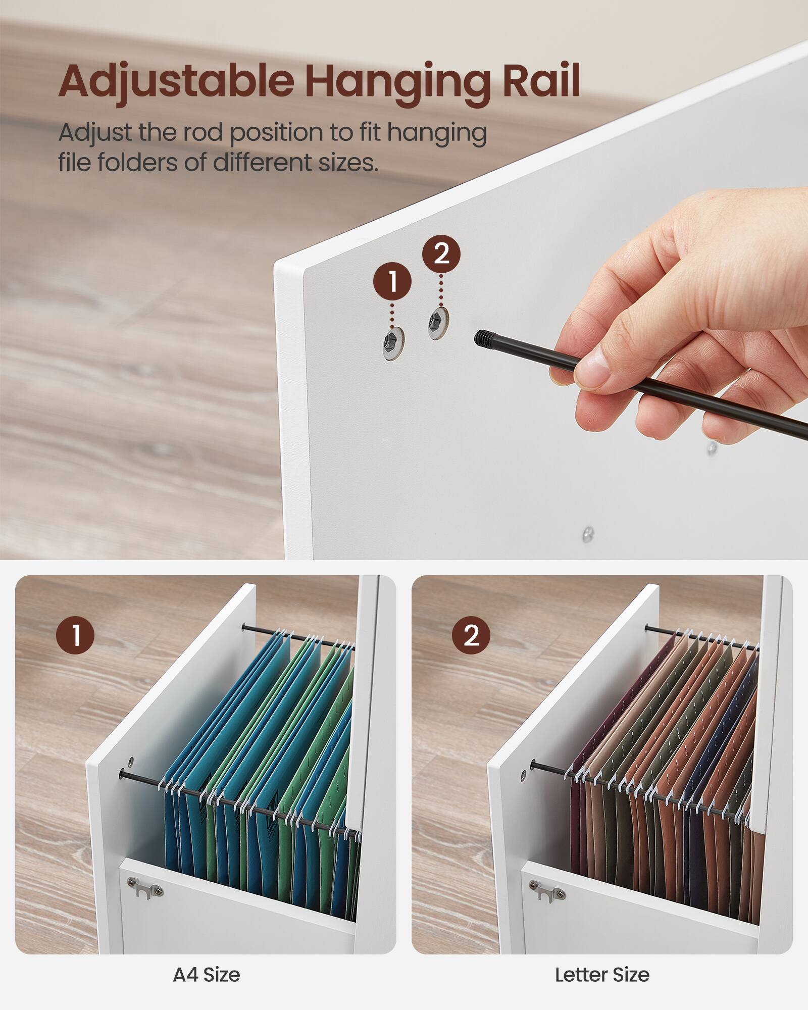 Adjustable Hanging Rail  
Adjust the rod position to fit hanging file folders of different sizes.  

1. A4 Size  
2. Letter Size