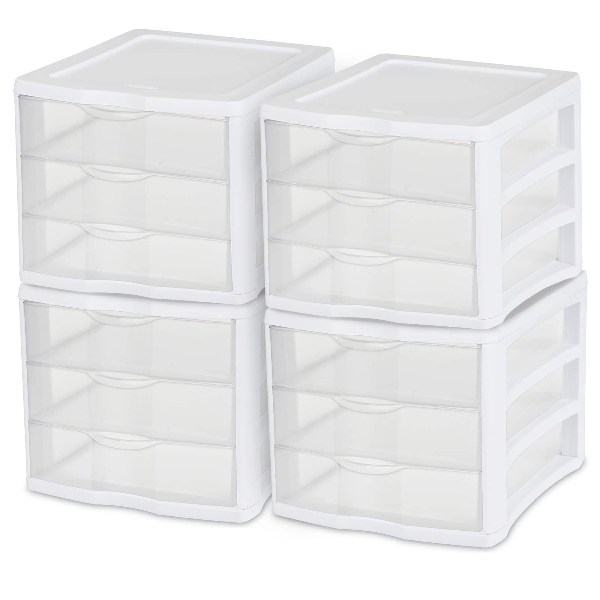 Sterilite - 3 Clear Drawer Desktop Storage Unit Home Tabletop Organizer, 4 Pack - White