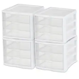 Sterilite - 3 Clear Drawer Desktop Storage Unit Home Tabletop Organizer, 4 Pack - White