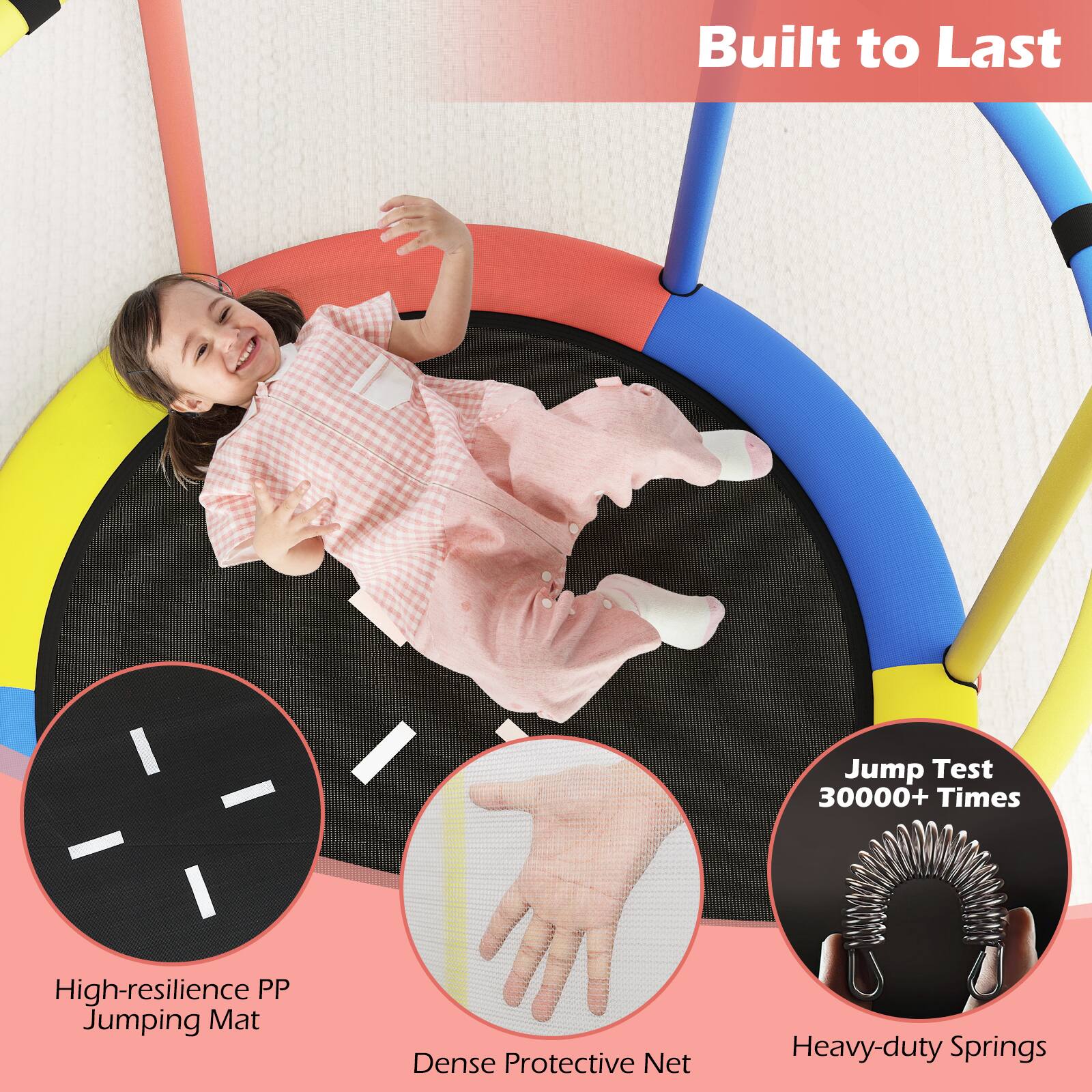 Built to Last

- High-resilience PP Jumping Mat
- Dense Protective Net
- Heavy-duty Springs
- Jump Test 30000+ Times