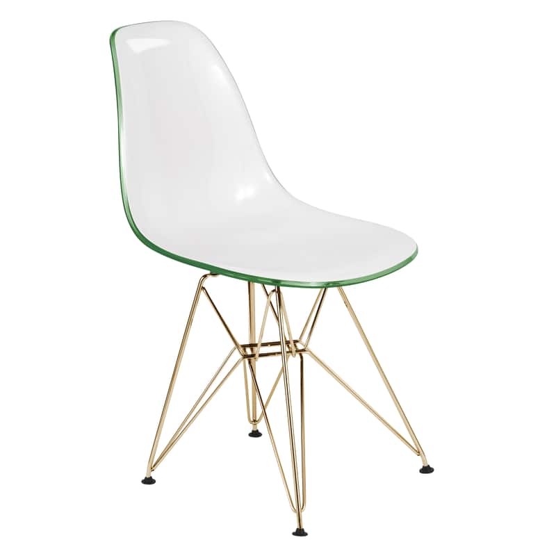 Front. LeisureMod - Cresco Modern Acrylic Dining Chair with Ergonomic Seat and Gold Steel Base - White Green.