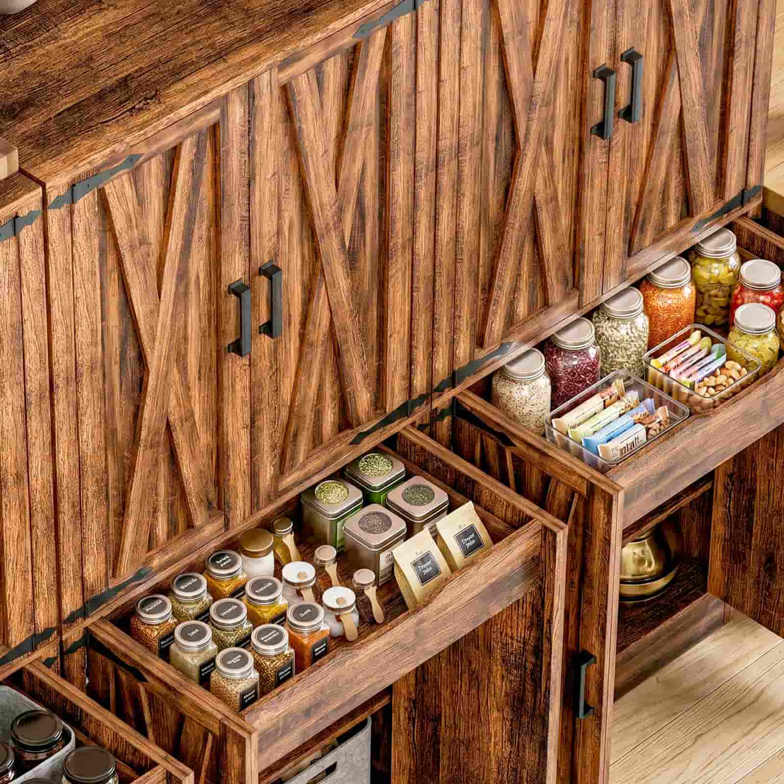 Alt View 3. Aheaplus - 71'' Tall 4 Door Farmhouse Pantry Cabinet with Drawer and Adjustable Shelves, 70.8'' Width Food Cupboard, 3 Packs - Retro Brown.