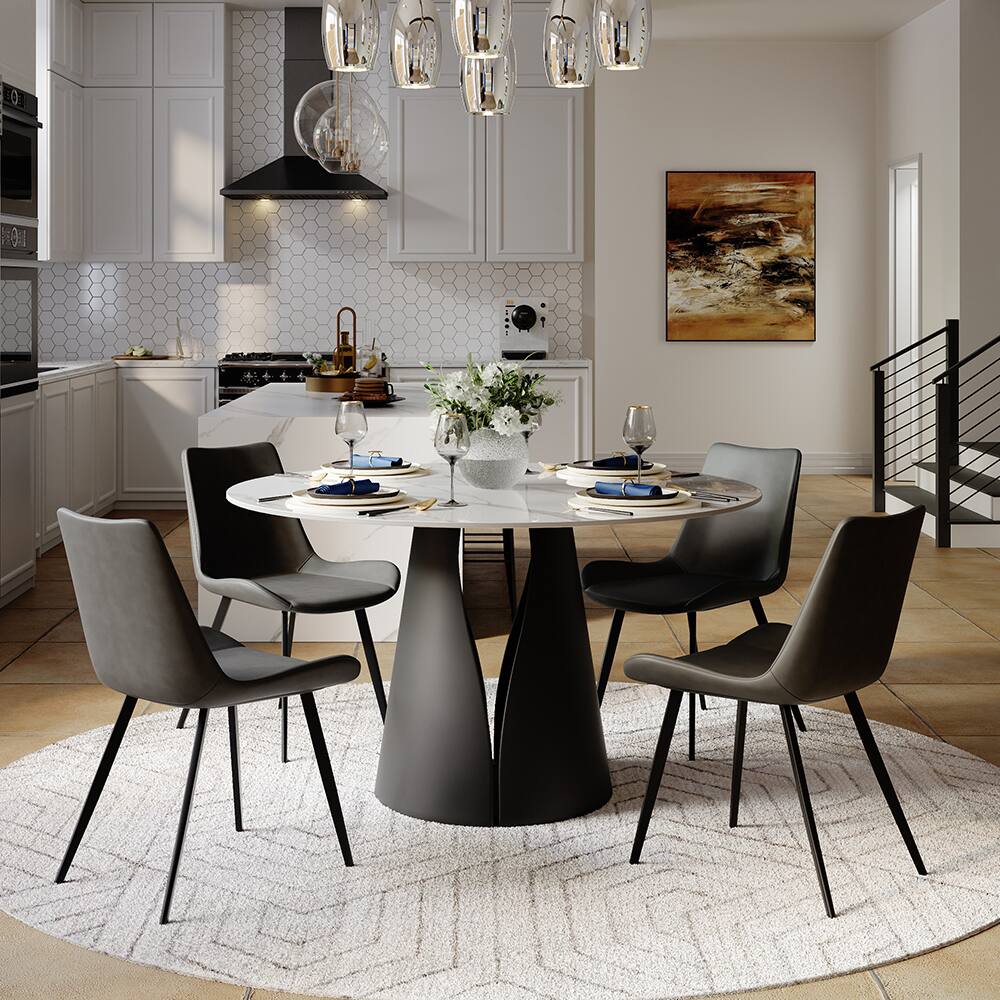 Alt View 4. POVISON - 51" Modern Round White Dining Table for 4, Glossy Sintered Stone Tabletop, Solid Black Carbon Steel Base - Glossy White Sintered Stone & Black Steel Base.