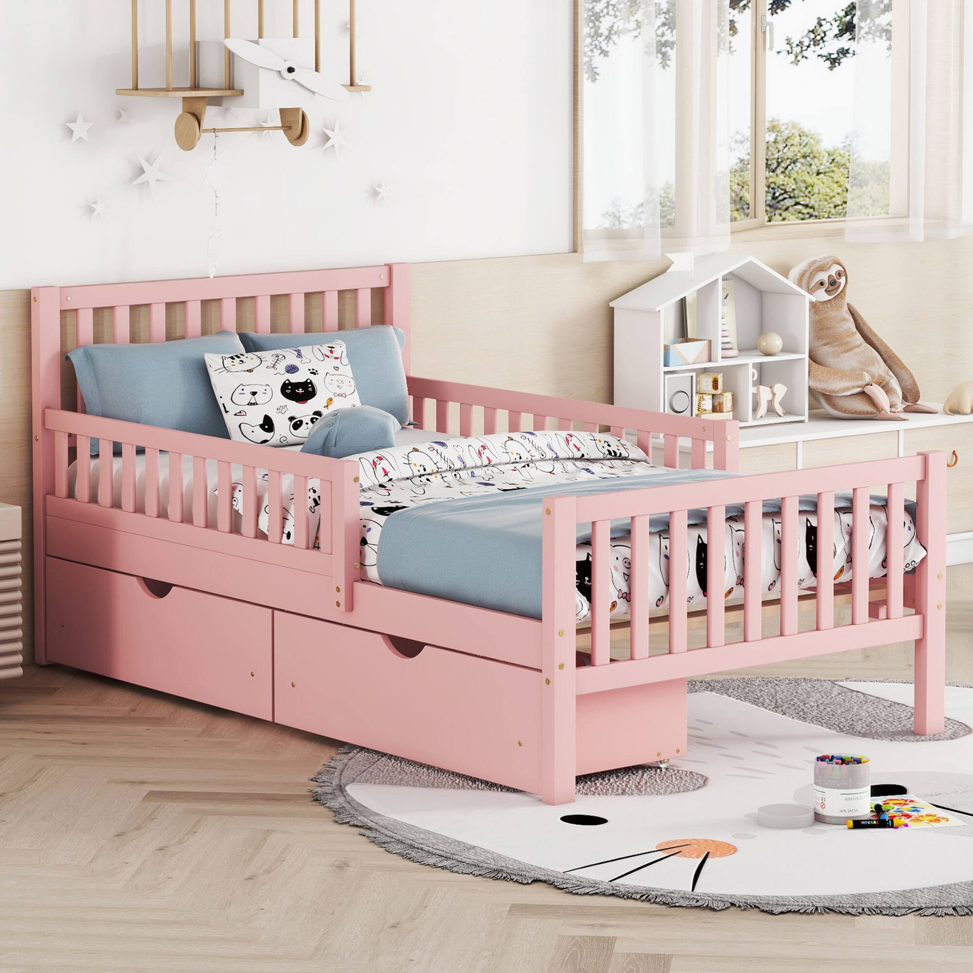 Angle. GOODSILO - Twin Size Wood Platform Bed with Dual Guardrails and Underbed Storage Drawers for Enhanced Safety and Organization - Pink.