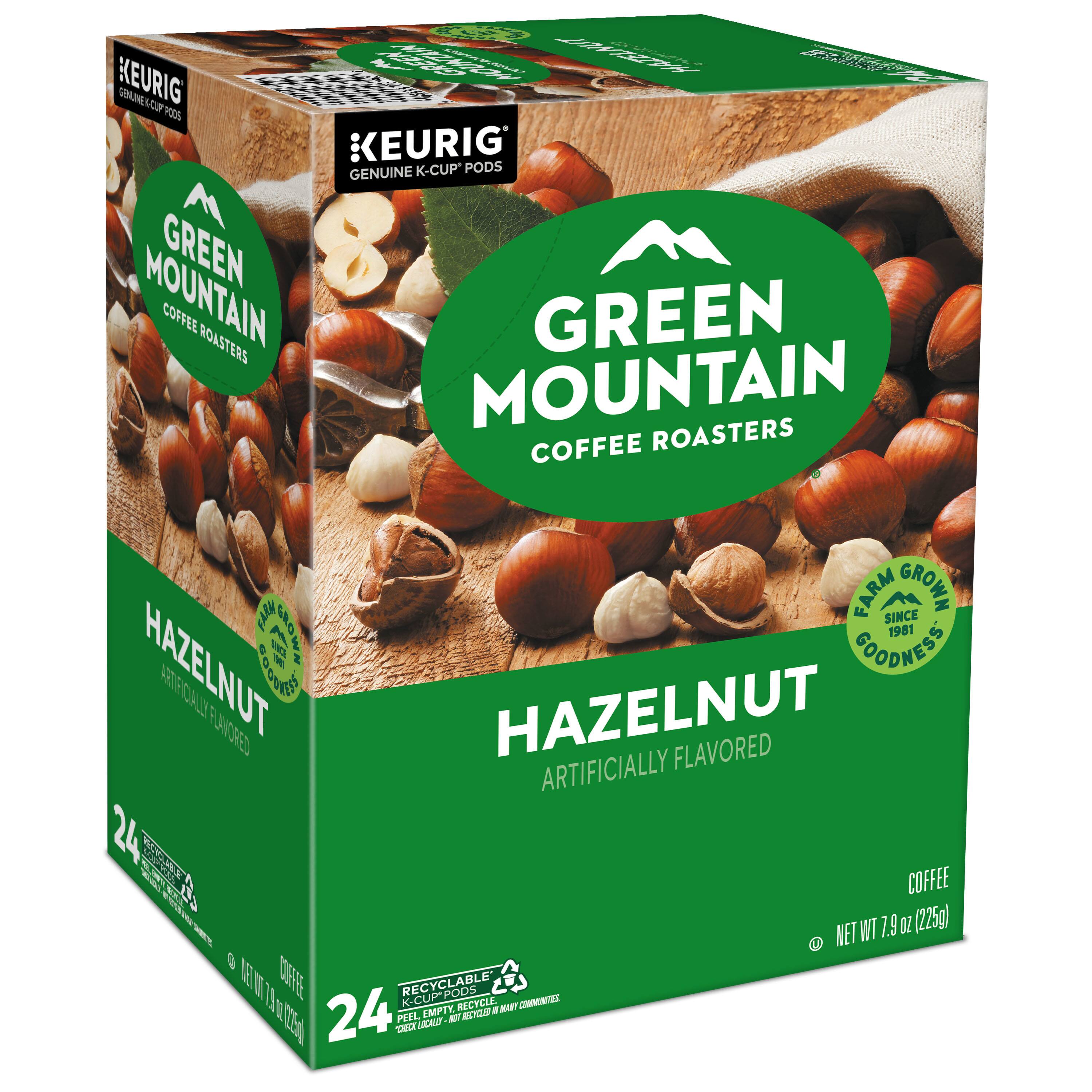 1 KEURIG X 3 SYY GEANECP YOOS  
EURIG GENUINE K-CUP PODS  
MOUNTAIN GREEN  
8 COFFEE ROASTERS  
GREEN MOUNTAIN COFFEE ROASTERS  
FALY FARM SINCE GROWN  
GROWN 1981  
1 N COODNESS  
HAZELNUT NE AETROAI FLAVORED  
OOUE HAZELNUT ARTIFICIALLY FLAVORED  
24 E E TE COFFEE - NET WT 7.9 OZ (225g)  
M 0 KE E DEFE RECYCLABLE' K-CUP POOS  
11m 24 PEEL EMPTY - RECYCLE.  
CTCAF  
SMT CMMNES 1E TMC CALZ