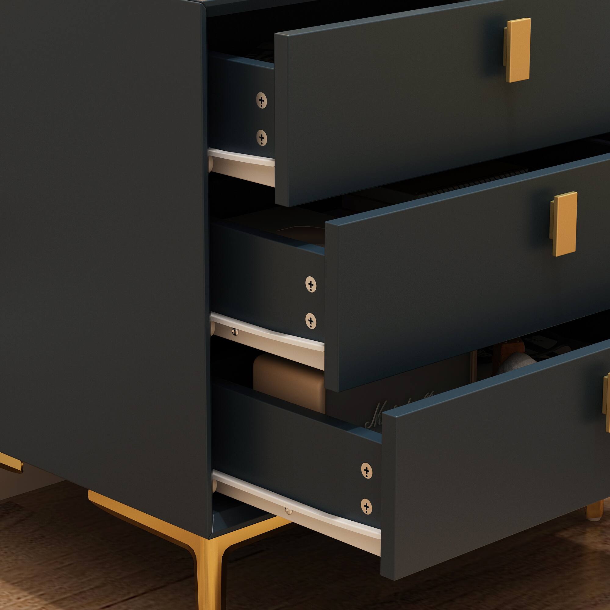 Alt View 1. FUFU & GAGA - FUFU&GAGA Modern Dark Blue Nightstand: Gold Accents, 3 - Drawer Storage - Dark Blue.