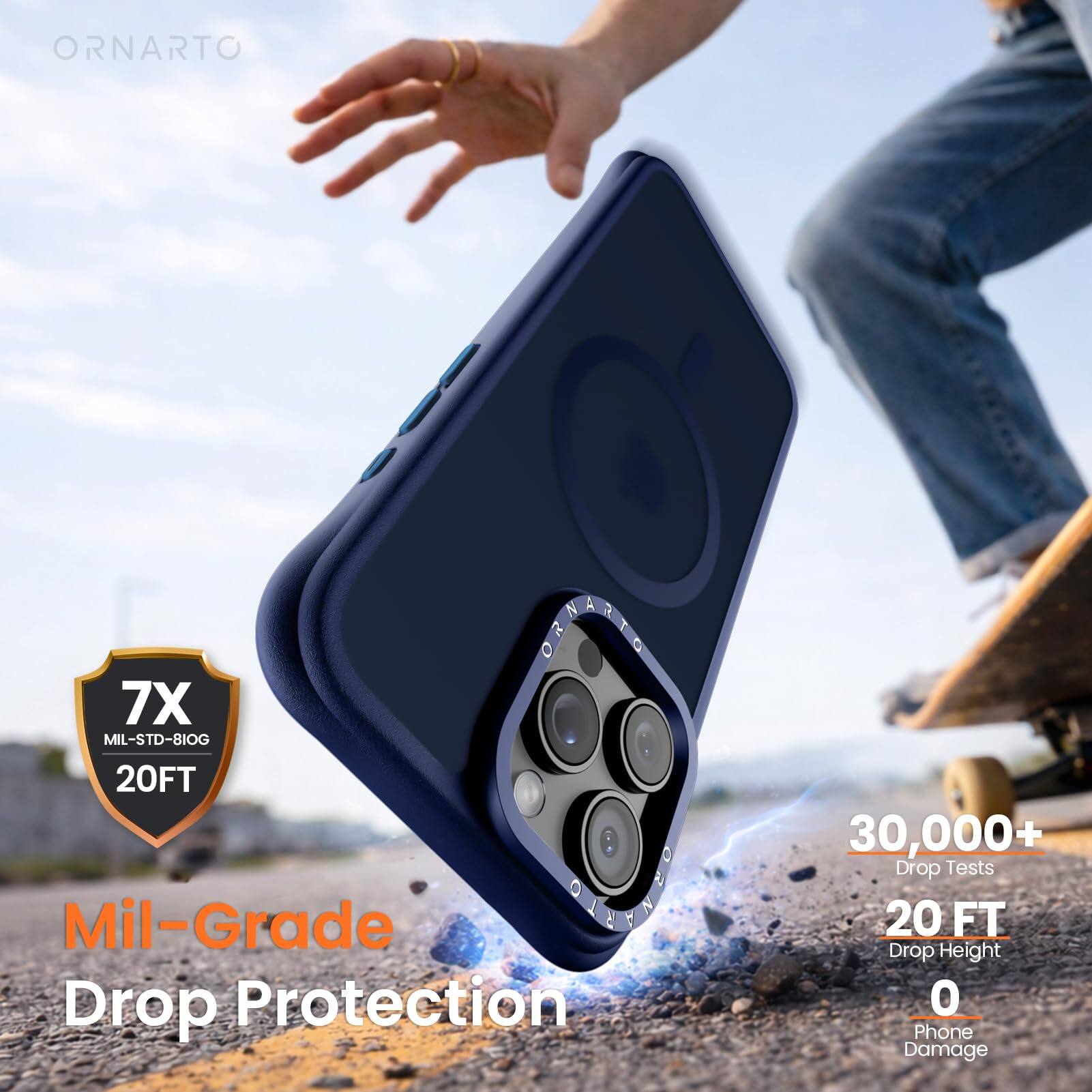 ORNARTO  
7X MIL-STD-810G 20FT  
Mil-Grade C Drop Protection  
30,000+ Drop Tests  
20 FT Drop Height  
0 Phone Damage