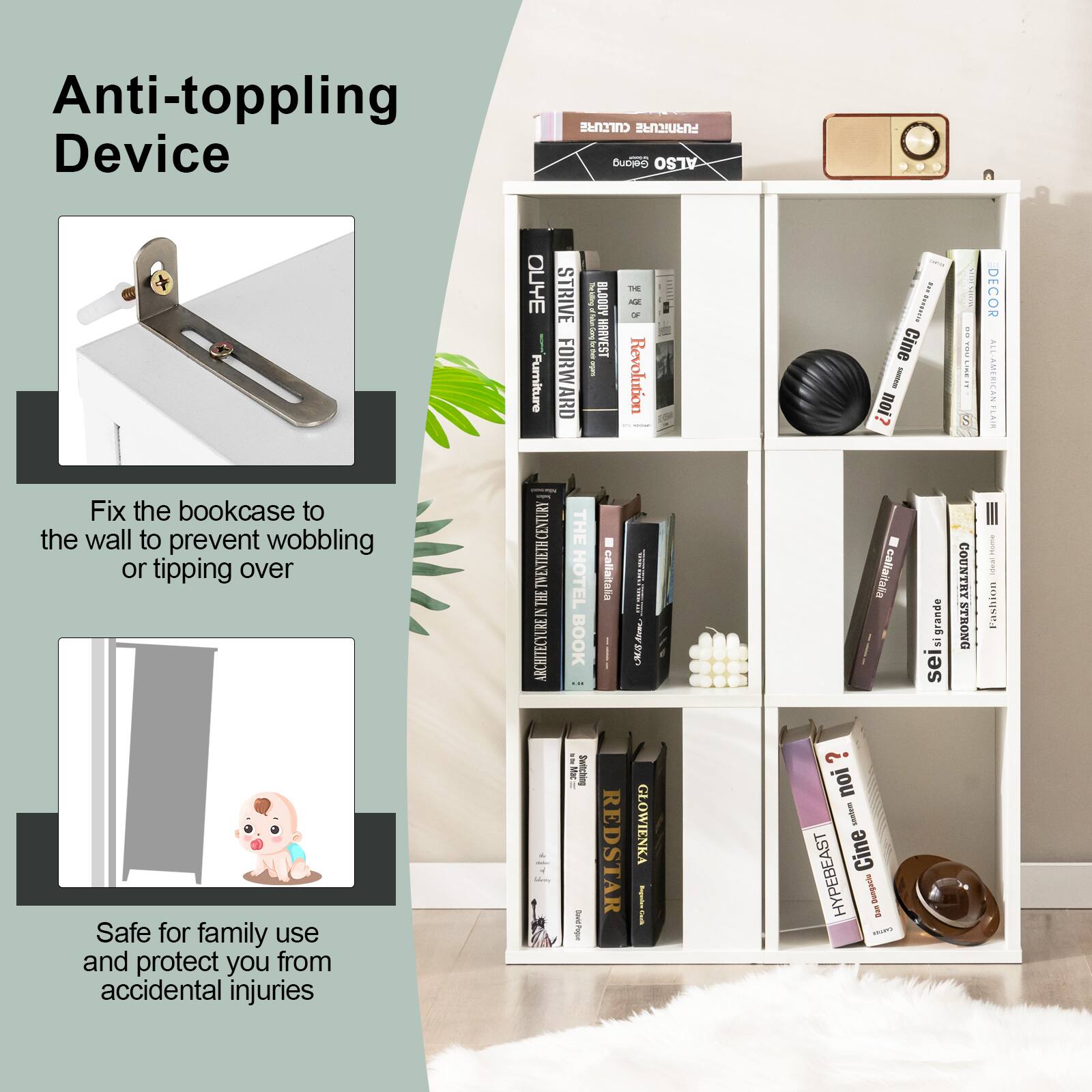 Anti-toppling Device: Culcure furniture to prevent wobbling or tipping over. Fix the bookcase to the wall to ensure safety for family use and protect you from accidental injuries.