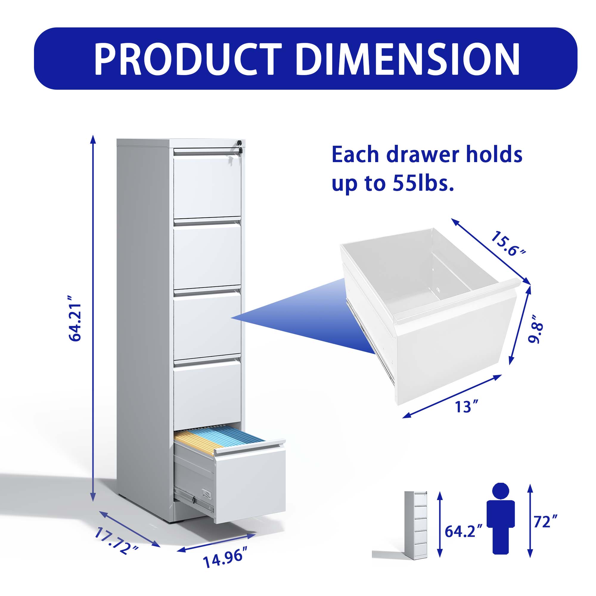 PRODUCT DIMENSION

Each drawer holds up to 55lbs.

- Height: 64.21"
- Width: 15.6"
- Depth: 9.8"
- Drawer Height: 13"
- Drawer Width: 17.72"
- Drawer Depth: 14.96"
- Overall Height: 72"