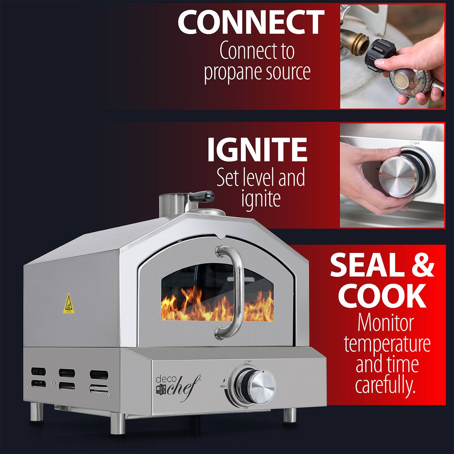 CONNECT  
Connect to propane source  

IGNITE  
Set level and ignite  

SEAL & COOK  
Monitor temperature and time carefully.