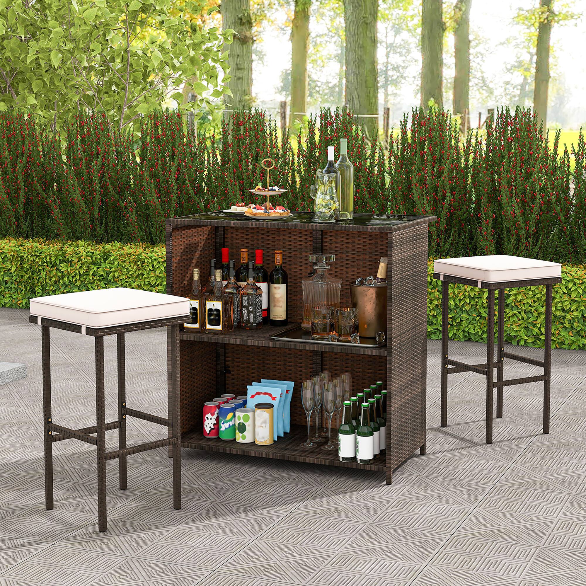 Alt View 3. Gymax - Gymax 3 Pieces Patio Bar Set PE Wicker Outdoor Bar Table & Stools Set w/ Removable Cushions - Mix Brown, Beige.