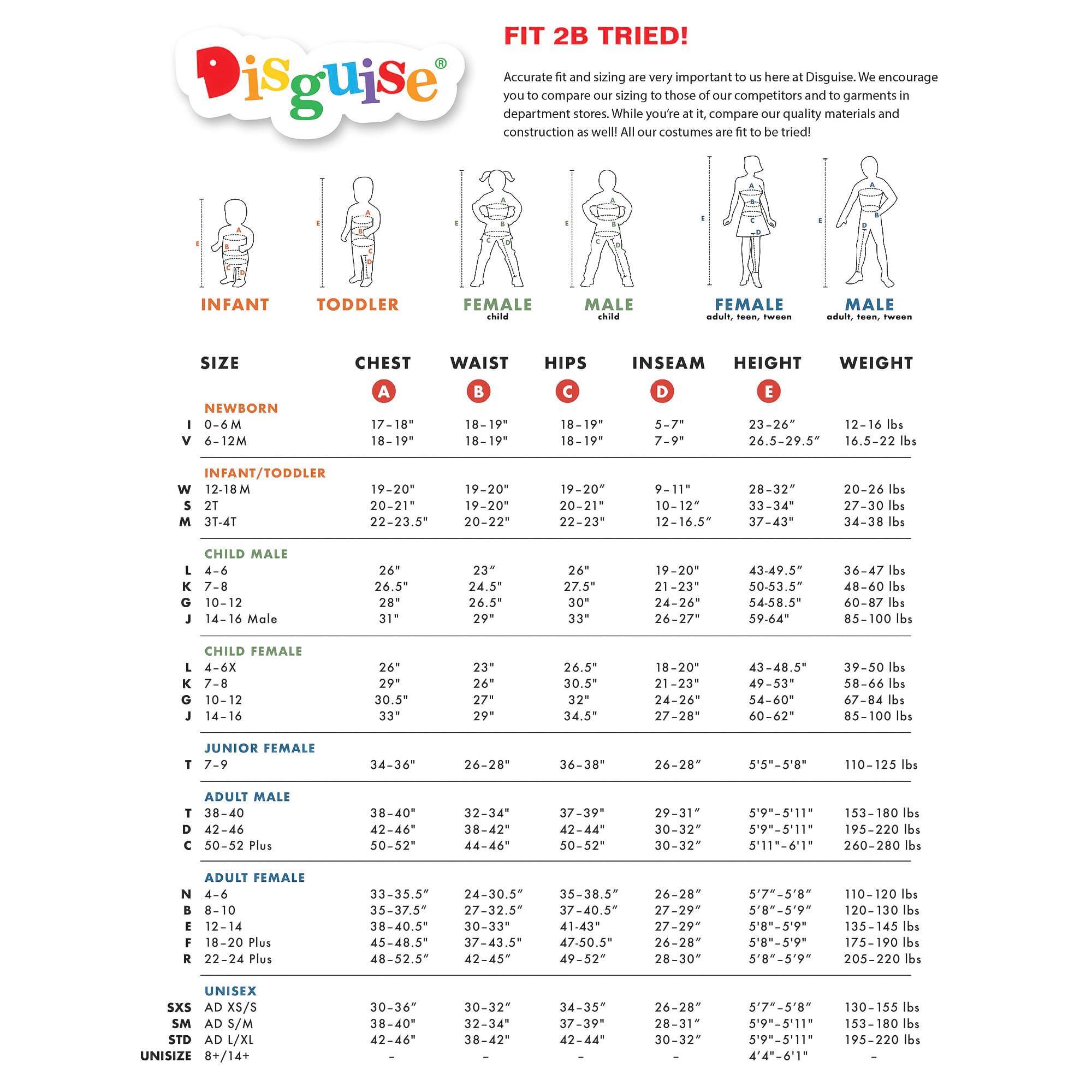 **Disguise**

**FIT 2B TRIED!**

Accurate sizing is very important to us here at Disguise. We encourage you to compare our sizing to those of our competitors and to garments in department stores. While you're at it, compare our quality materials and construction as well. All our costumes are fit to be tried!

---

**INFANT**

**TODDLER**

**FEMALE**

**MALE**

**FEMALE**

**MALE**

---

**SIZE**

**CHEST**

**WAIST**

**HIPS**

**INSEAM**

**HEIGHT**

**WEIGHT**

---

**NEWBORN**

0-6M

17-18"

18-19"

18-19"

5-7"

23-26"

12-16 lbs

---

**INFANT/TODDLER**

6-12M

18-19"

18-19"

18-19"

7-9"

26.5-29.5"

16.5-22 lbs

12-18M

19-20"

19-20"

19-20"

9-1