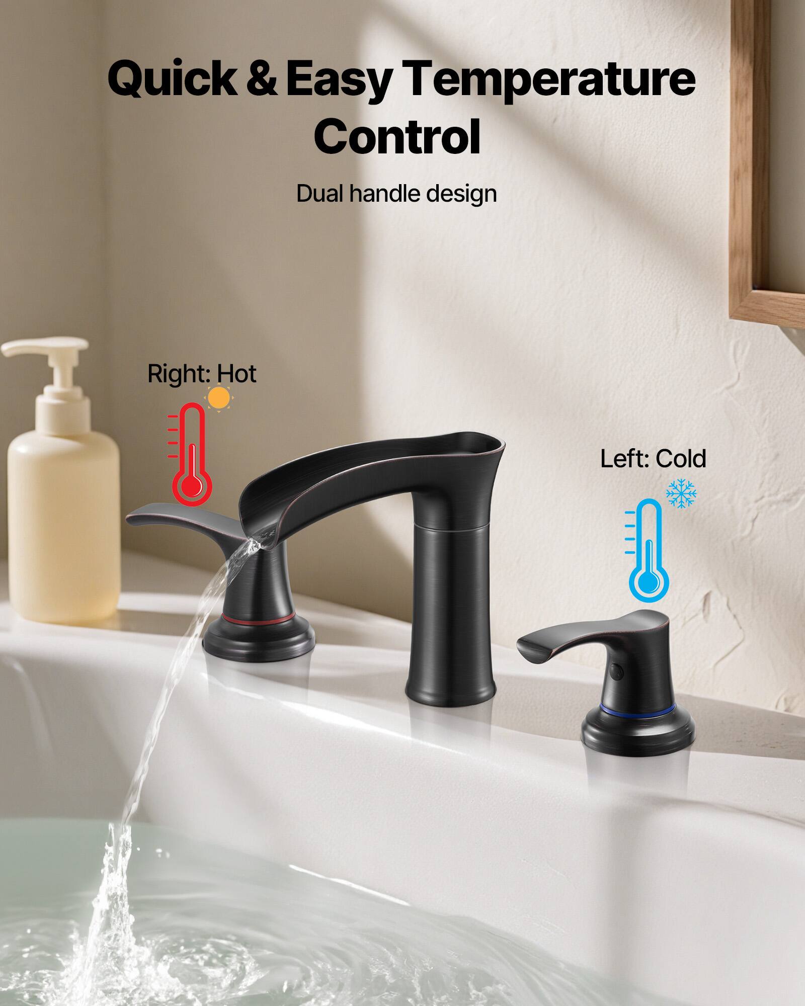 Quick & Easy Temperature Control  
Dual handle design  

Right: Hot  
Left: Cold