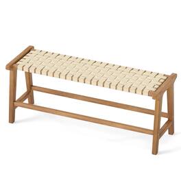 Gymax - 47'' Long Teak Wood Patio Bench w/Weave Seat Solid Wood Legs Backless for Porch - Beige