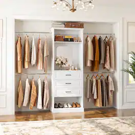 Aheaplus - 26'' - 110'' W Adjustable Closet Organizer System with 3 Drawers, 4 Retractable Hanging Rods and Mirror - White