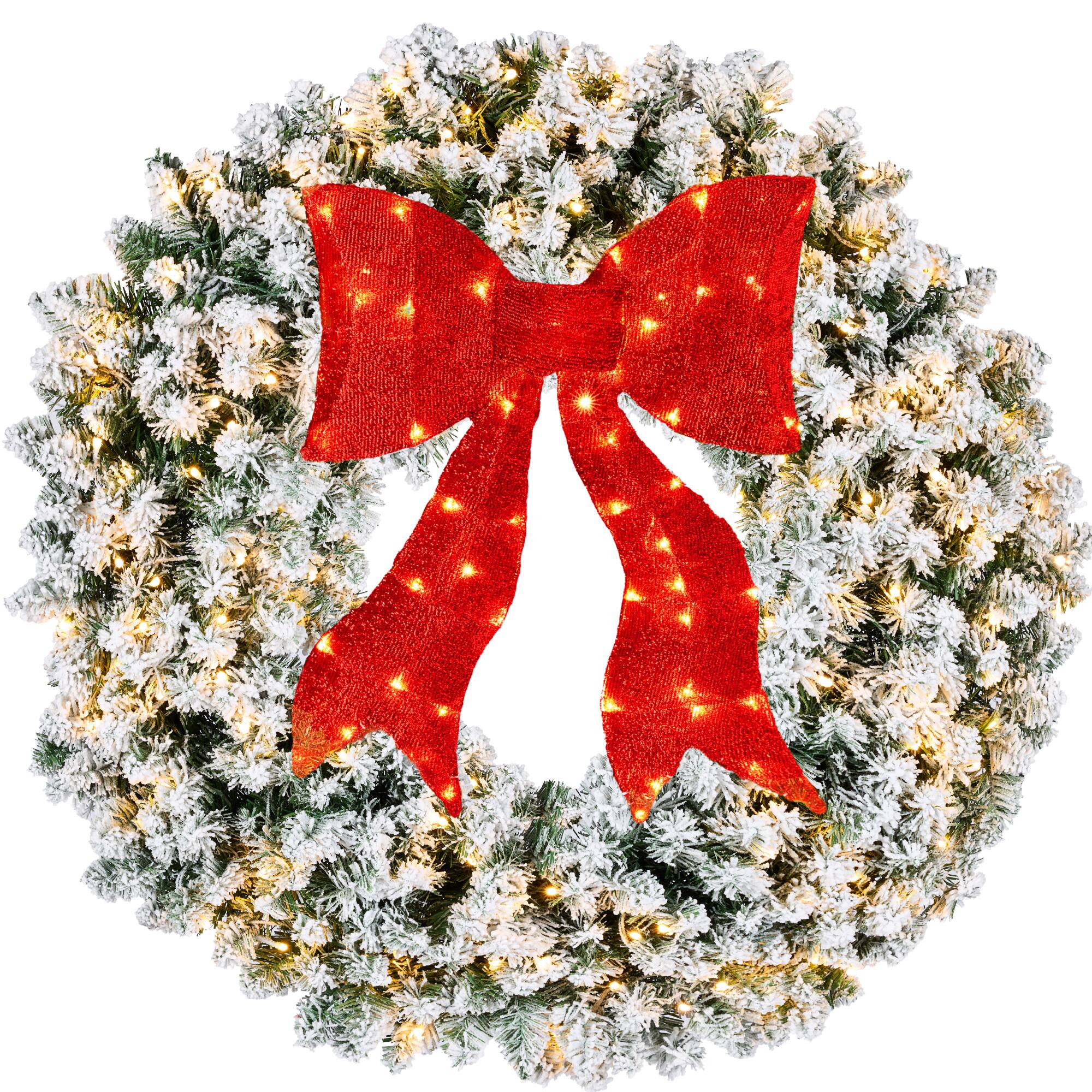 Best Choice Products - 36in Artificial Pre-Lit Fir Christmas Wreath Decor w/ Red Bow, 150 LED Lights, 300 Tips - Flocked