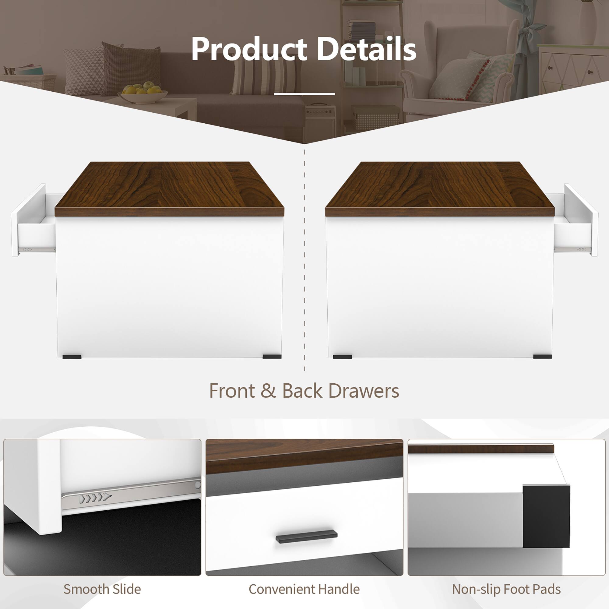 Product Details: Front & Back Drawers, Smooth Slide, Convenient Handle, Non-slip Foot Pads