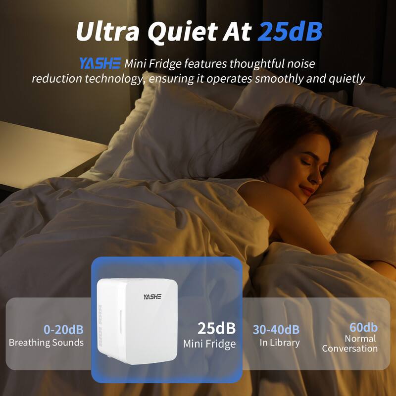 Ultra Quiet At 25dB

YASHE Mini Fridge features thoughtful noise reduction technology, ensuring it operates smoothly and quietly.

0-20dB Breathing Sounds

25dB Mini Fridge

30-40dB In Library

60dB Normal Conversation