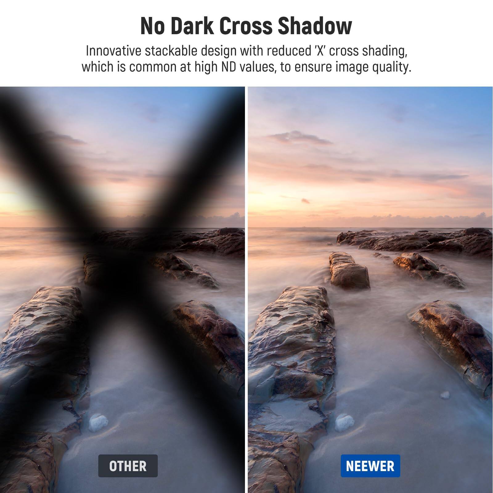 No Dark Cross Shadow

Innovative stackable design with reduced 'X' cross shading, which is common at high ND values, to ensure image quality.

OTHER

NEEWER